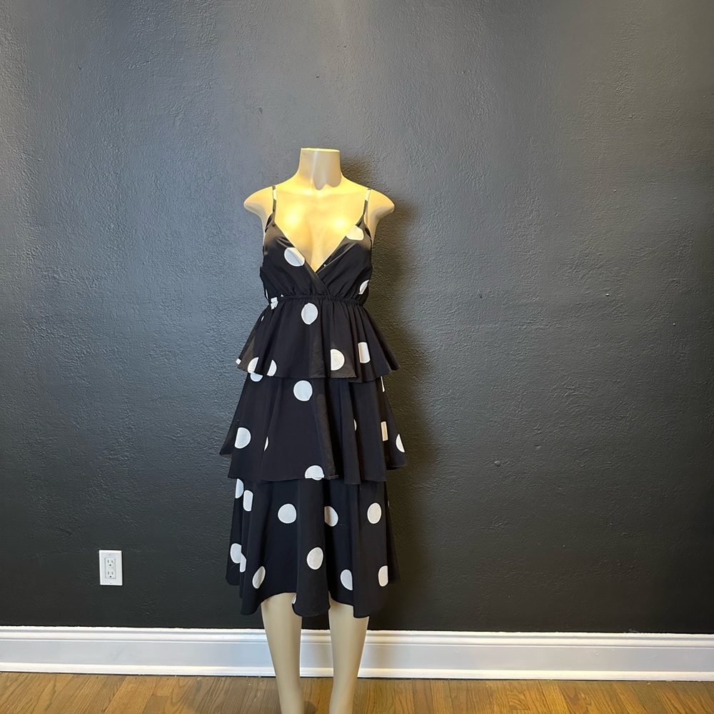 OPT Black and White Polka Dot Tiered Dress